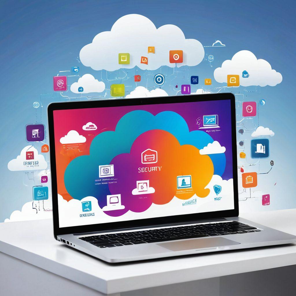 A modern laptop displaying a vibrant, engaging website, surrounded by clouds to symbolize online connectivity. Graphical icons representing security and personalization float around, highlighting tailored hosting solutions. A diverse group of people, each with unique digital identities, collaborate in the background. The setting is bright and optimistic, showcasing a digital workspace. super-realistic. vibrant colors. white background.