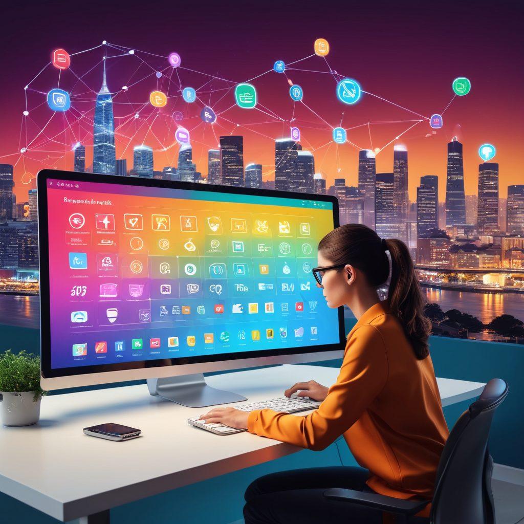 A creative digital landscape showcasing a person managing a sleek, modern website on a large computer screen. Surrounding the screen are colorful icons representing social media, SEO, and analytics, radiating vibrant energy. In the background, a subtle city skyline appears, symbolizing advancement and growth in the digital world. The scene is illuminated with bright and engaging colors to evoke a sense of innovation. super-realistic. vibrant colors. 3D.