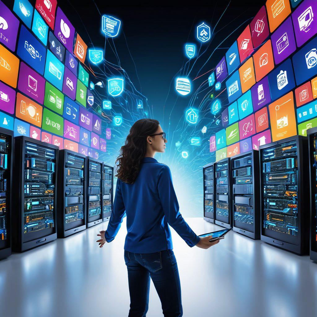 A dynamic scene showcasing a vibrant digital landscape symbolizing online identity, with a person engaging passionately with multiple screens displaying web hosting solutions. Elements of security and reliability are represented through shield icons and interconnected servers glowing in the background. The color palette is energetic and bright, inspiring creativity and trust. super-realistic. vibrant colors. white background.